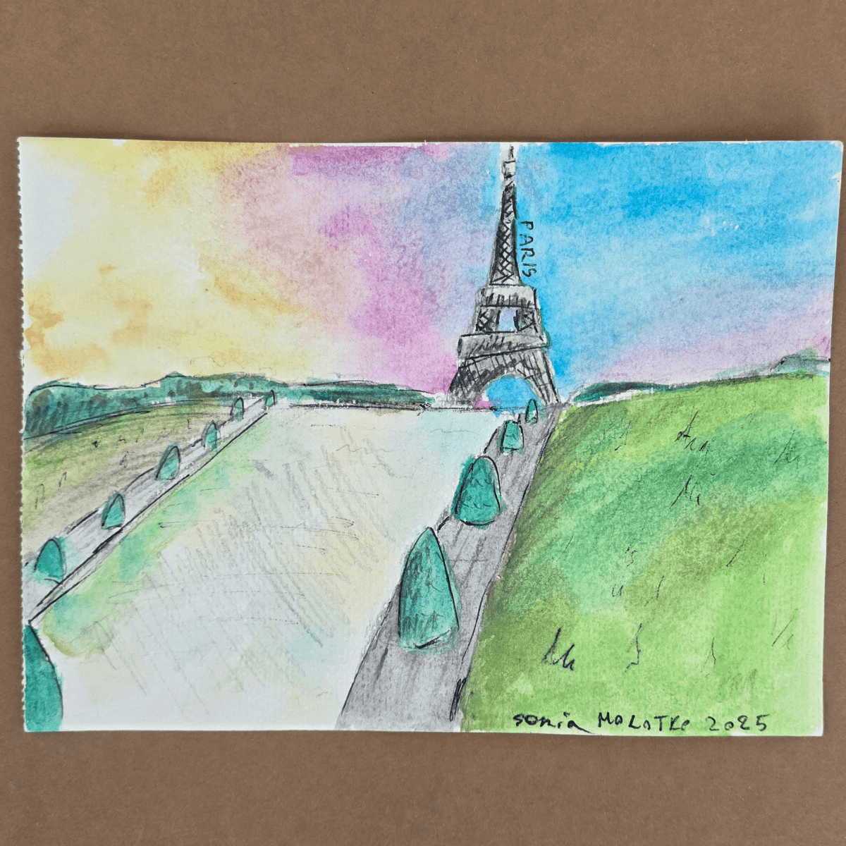 Watercolor of Eiffel Tower with sunset sky