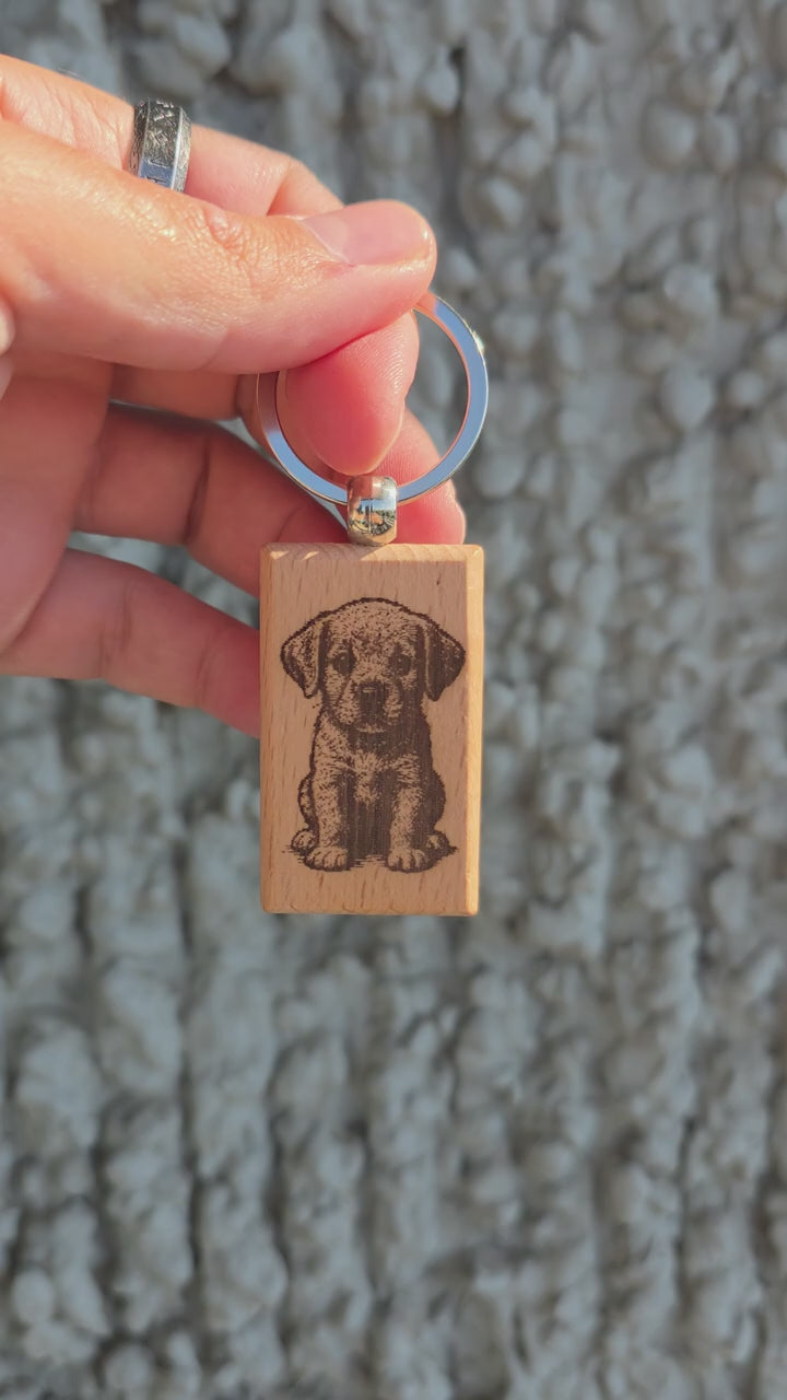 "Sweet Puppy" Double-Sided Wooden Keychain – Handcrafted Beech Wood Gift for Dog Lovers