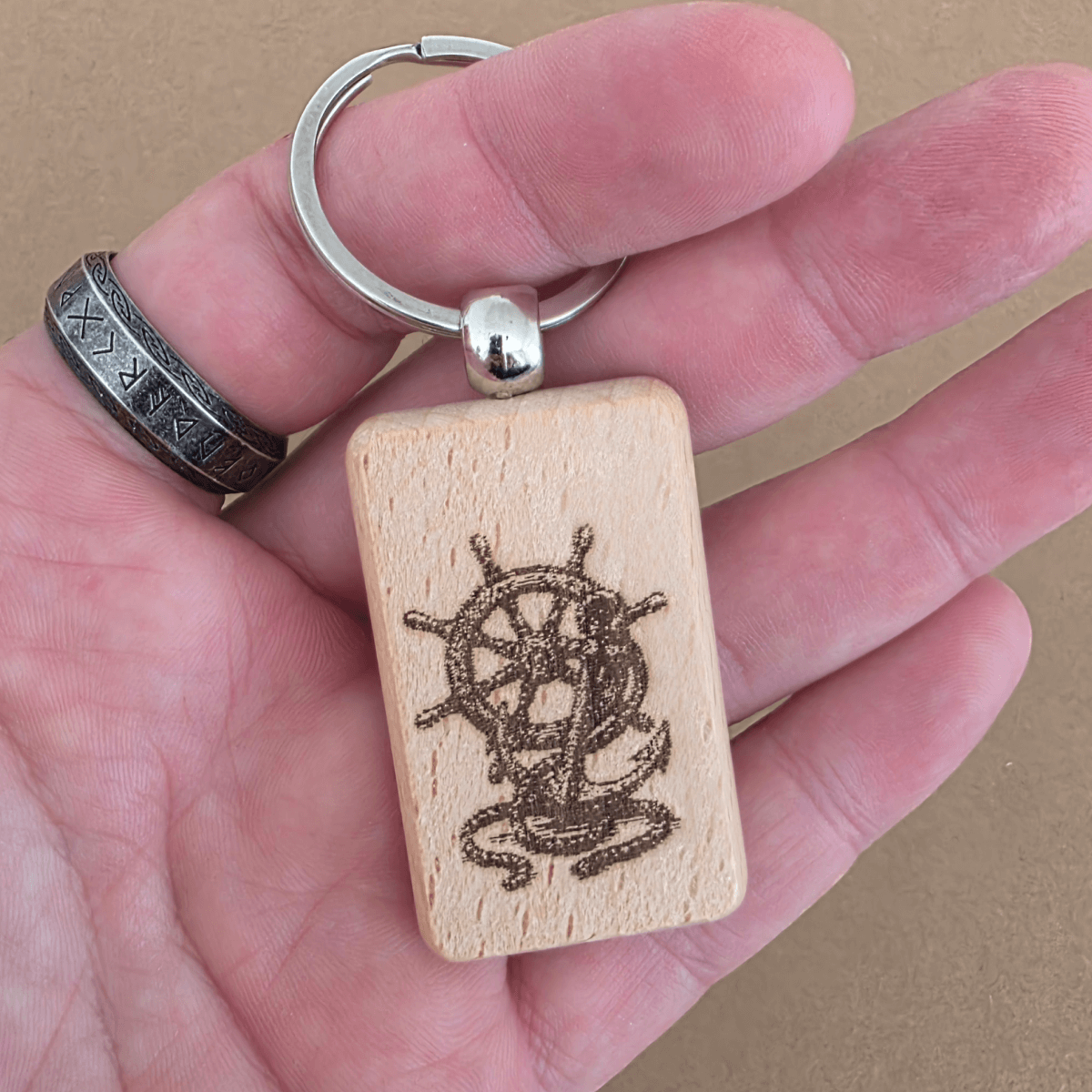 Lightweight rectangular beech keychain with rounded edges, nautical design