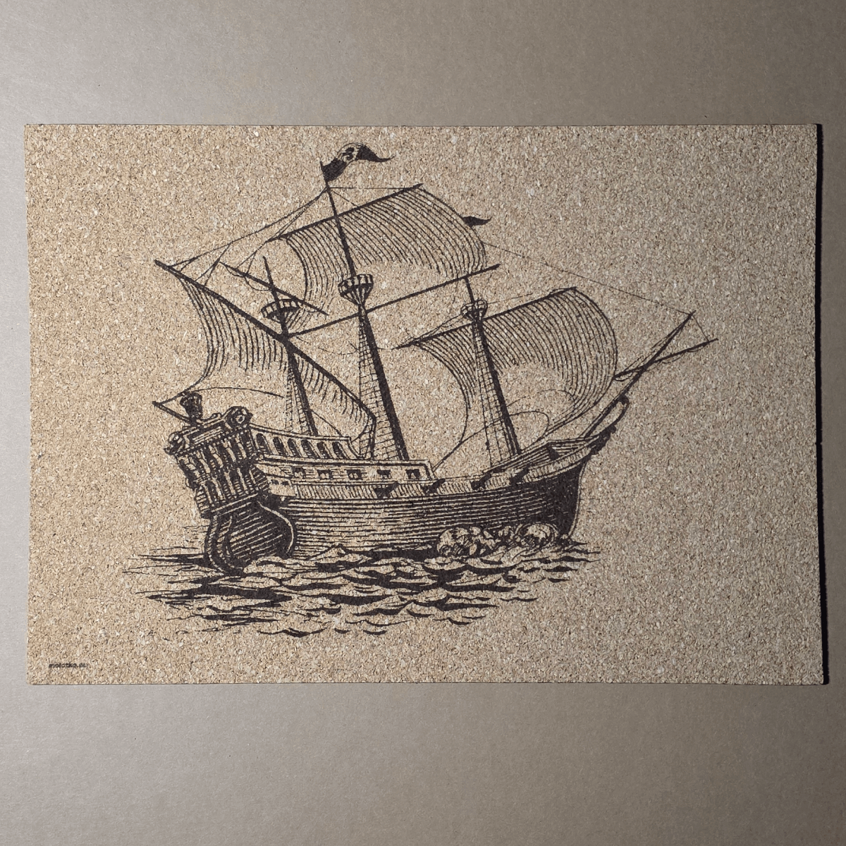 A4 cork mousepad with laser-engraved sailing ship