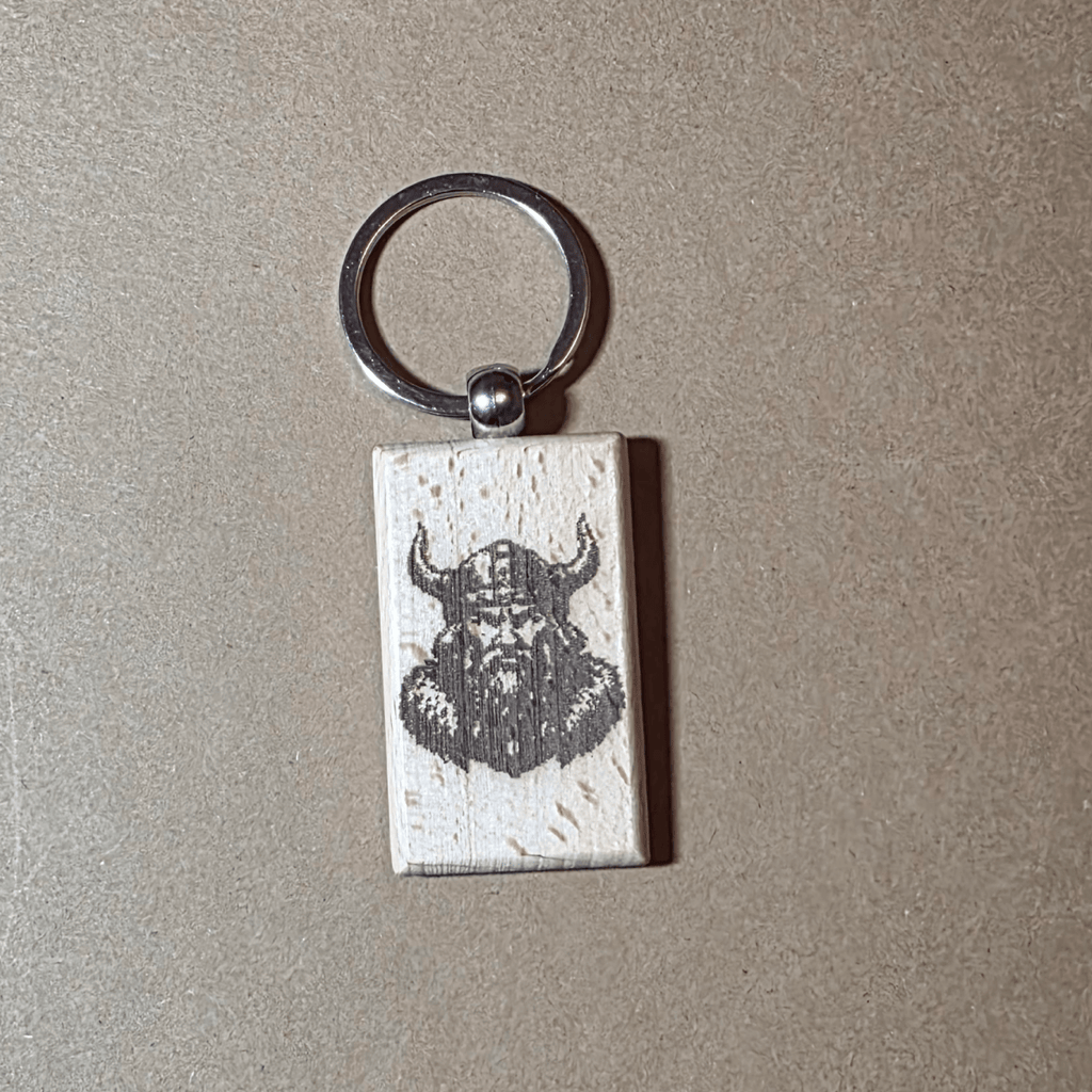 Laser engraved wooden keychain with Viking warrior head on natural beech wood