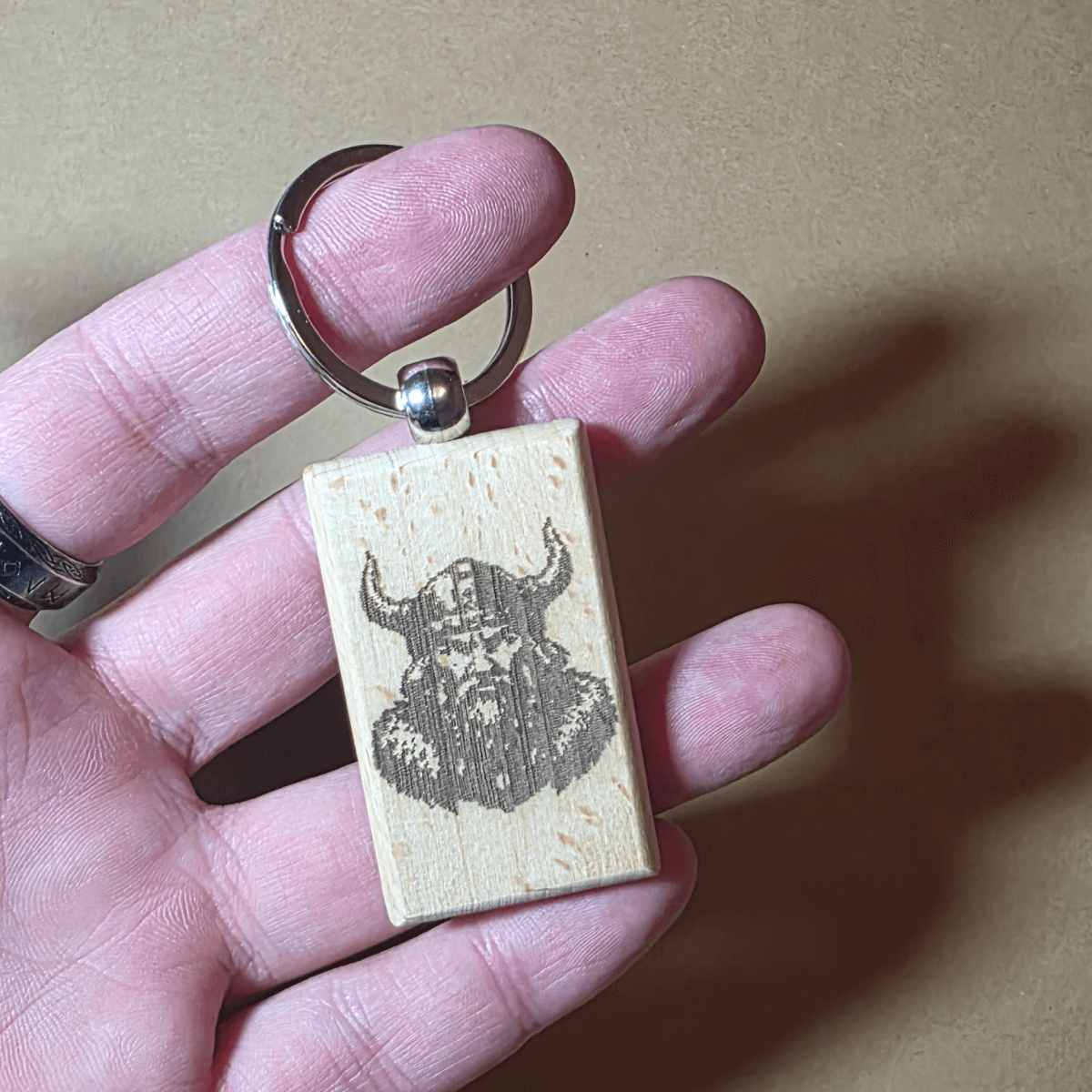 Rectangular Nordic style Viking wooden keyring with double sided engraving