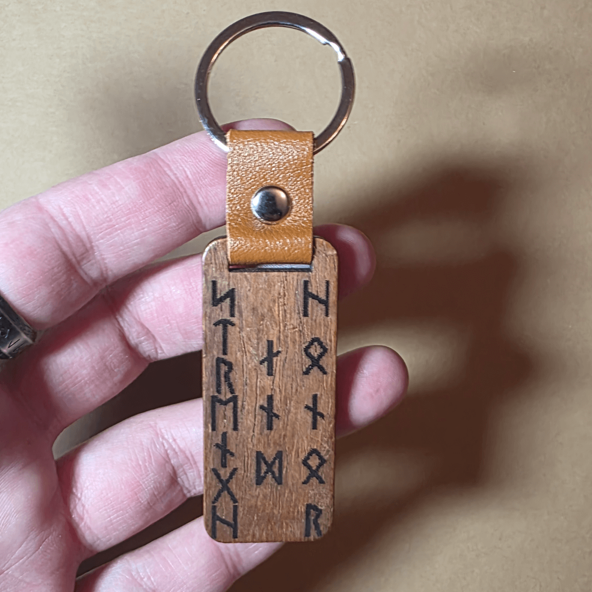 Viking “Strength & Honor” Wooden Keychain with Runes and Leather Strap