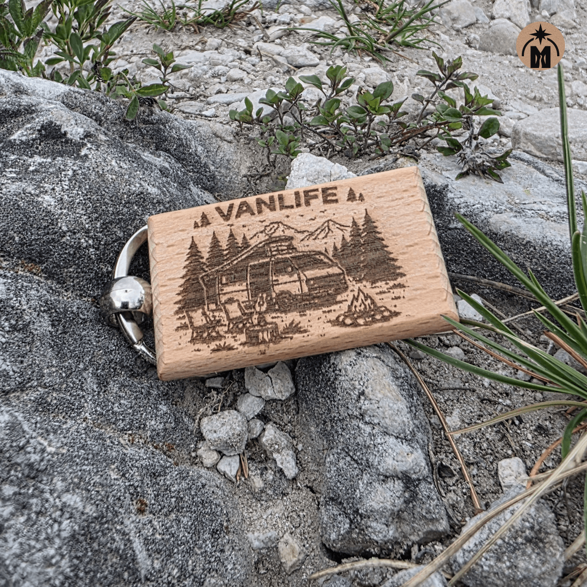 Laser engraved Vanlife wooden keychain with camper van and campfire design